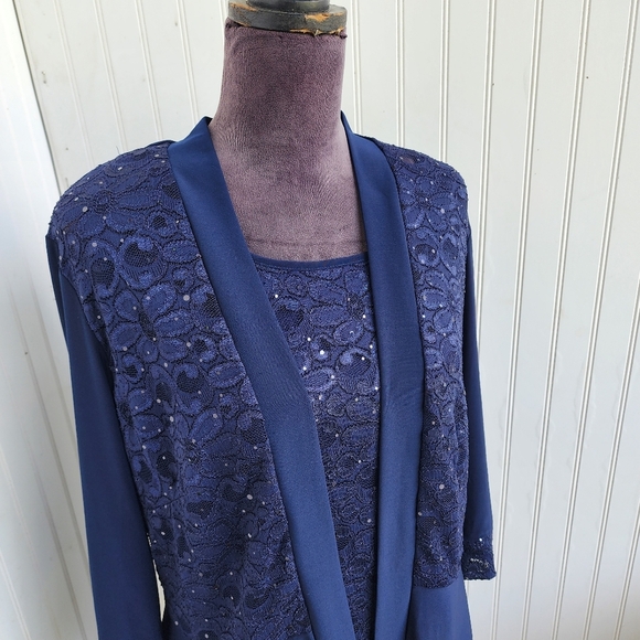 R&M Richards Women's Navy Blue Top  Sparkle Elegant Stretch 3/4 Sleeve Sz 14W - Picture 2 of 12